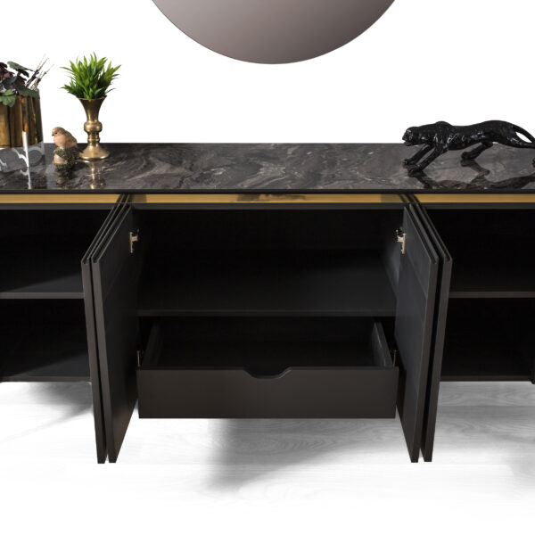 Tesla Yemek Odası Takımı Aynalı Konsol Siyah Gold