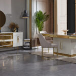 Majeste Yemek Odası Takımı, gold metal ayaklı masa, sandalye ve konsol seti - İnegöl Mobilya